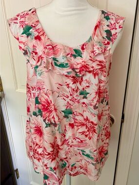 Floral Ruffle Neck Sleeveless Top - Pink & Green
